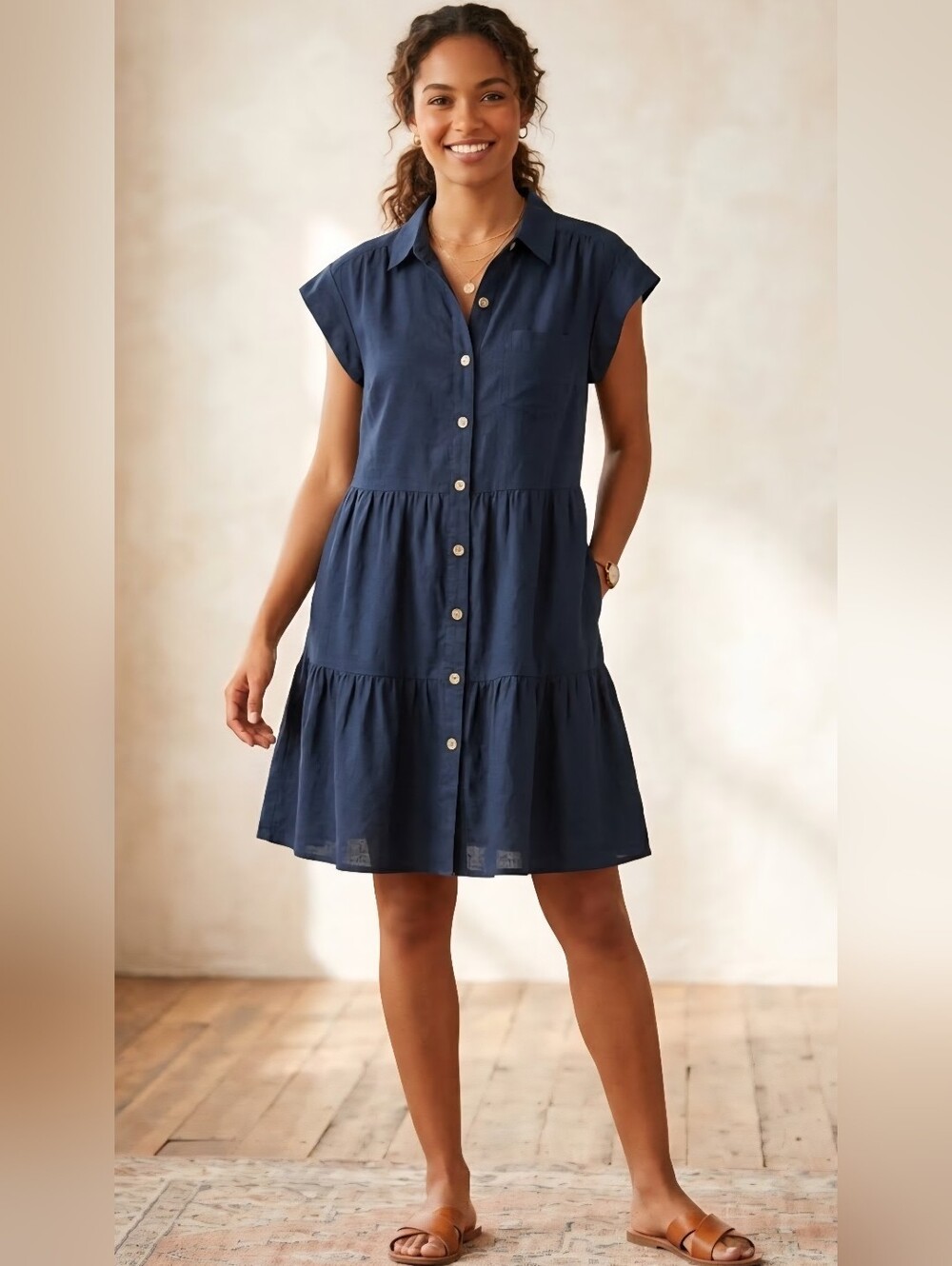Tommy Hilfiger Navy Button-Front Tiered Shirt Dress Sz 12 .100% Cotton